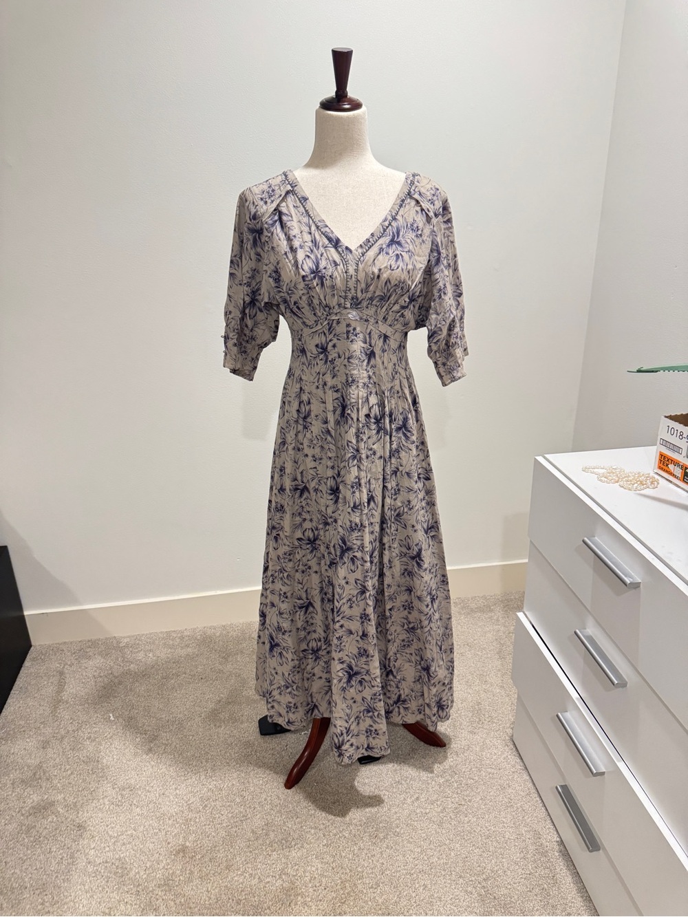Floral V-Neck Maxi Dress in Cream and Blue